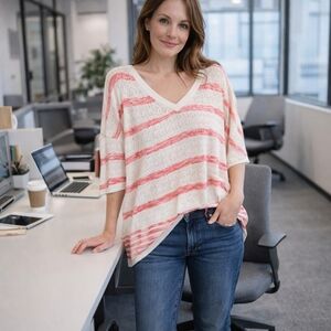 Nwt White Pink Striped Pointelle Knit Sweater V-Neck Lightweight Boho Spring
